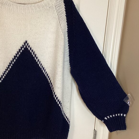 Women's Blue & White Knit Sweater Crew Neck Fisherman Nautical Preppy Tennis - Picture 2 of 5